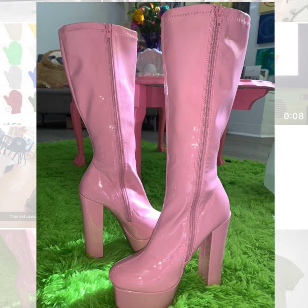 Pink leather platform go-go boots